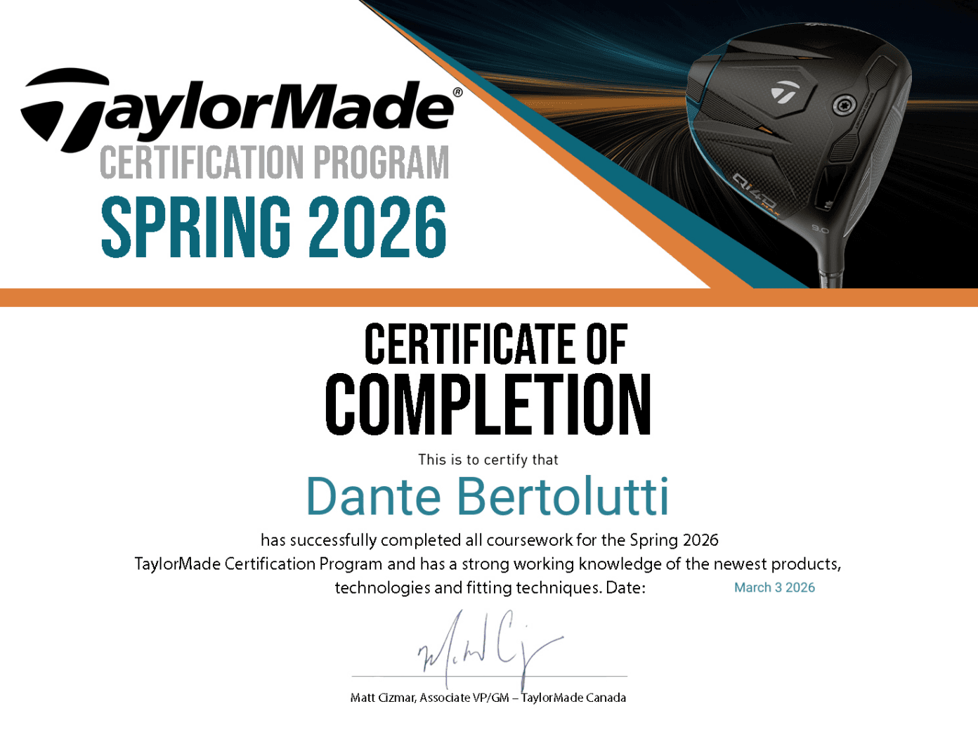 TaylorMade Spring 2026 certificate of completion for Dante Bertolutti