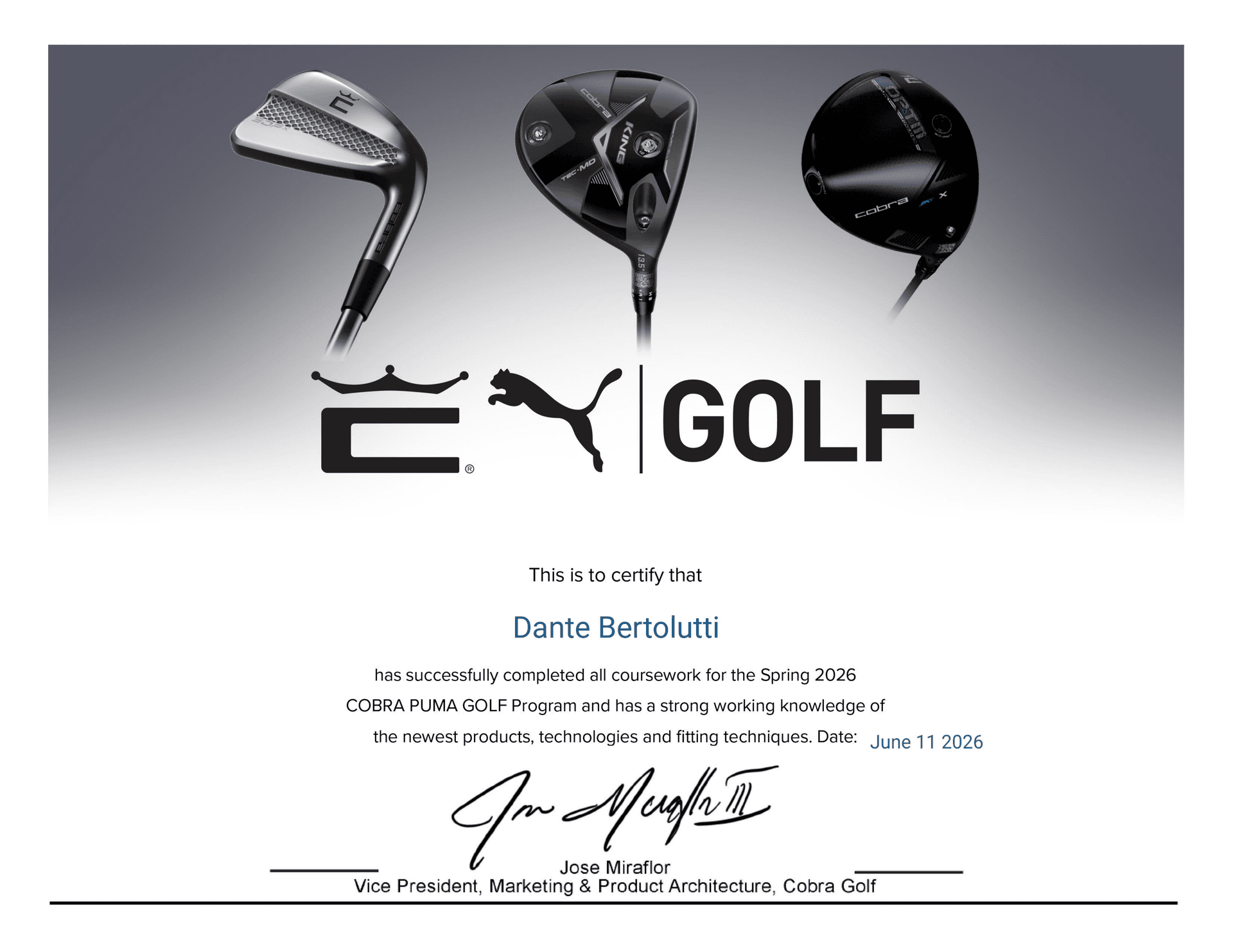 Cobra Puma Golf Spring 2026 certificate of completion for Dante Bertolutti